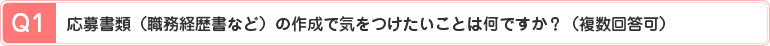 Q1、応募書類（職務経歴書など）の作成で気をつけたいことは何ですか？（複数回答可）
