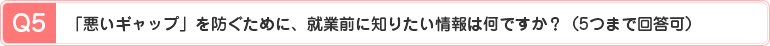 Q5、「悪いギャップ」を防ぐために、就業前に知りたい情報は何ですか？（5つまで回答可）